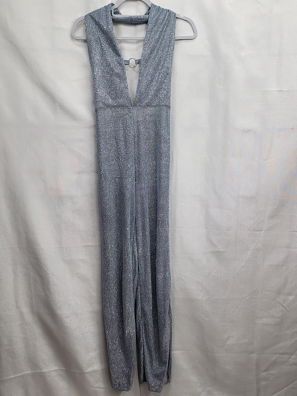 Get Crooked Stop The Show Silver Sparkle V-Neck Jumpsuit Size Small